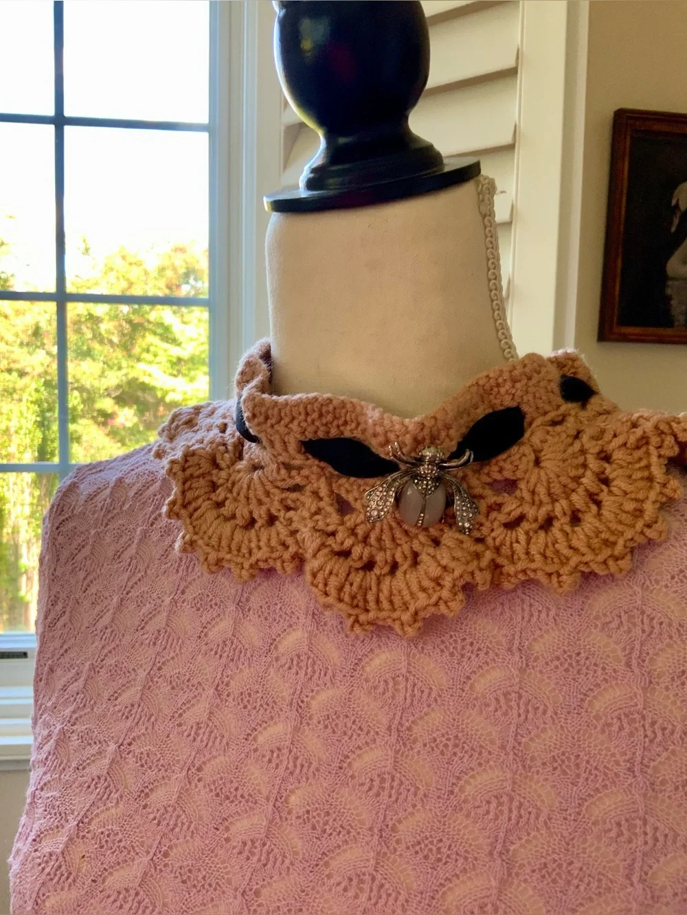 Desert Rose Crochet Collar with Silver Jeweled Bee Brooch